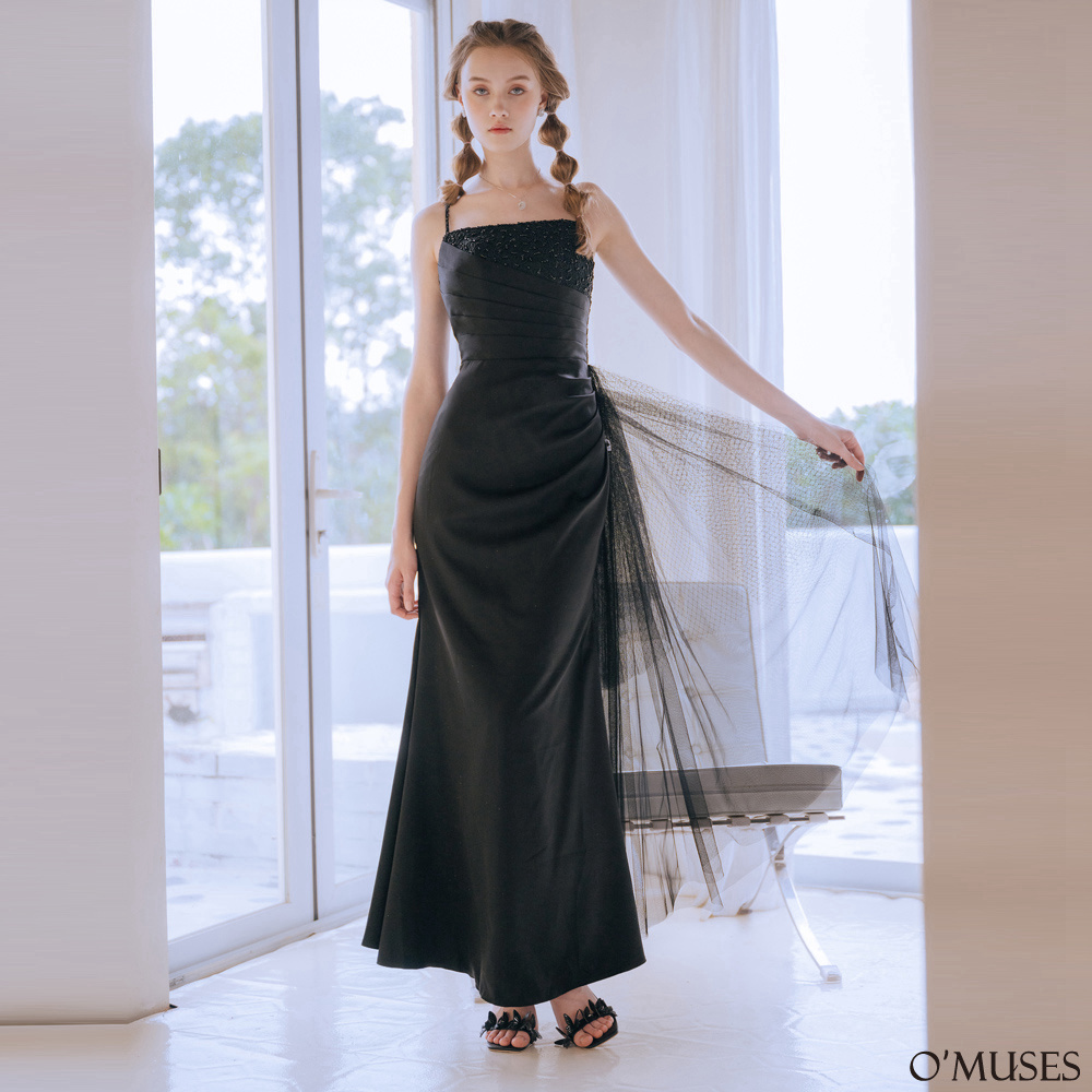 平口網紗黑色魚尾長禮服19-7510