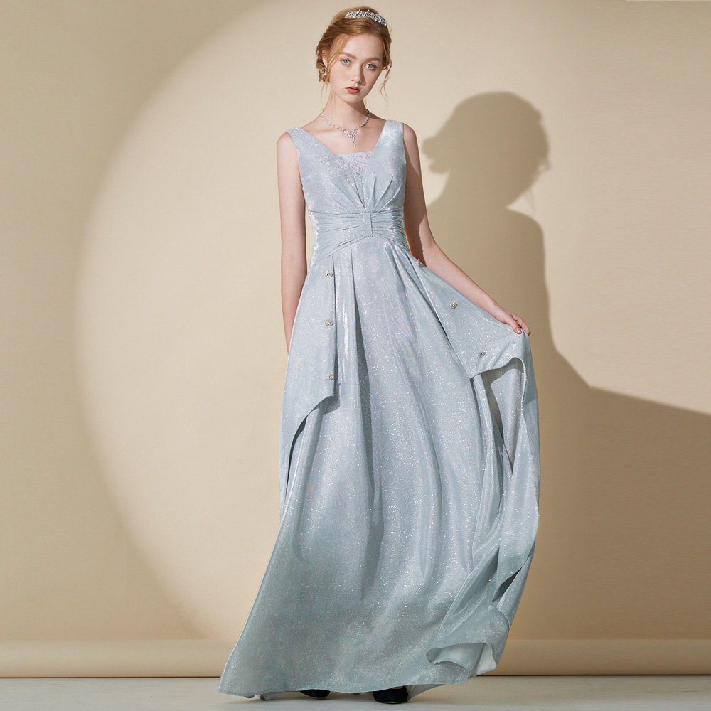 手工V領金蔥銀色長禮服19-A2033