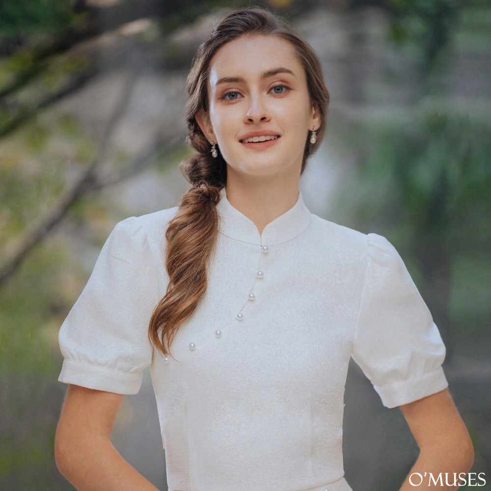 珍珠領亮亮布白色旗袍上衣12-22120