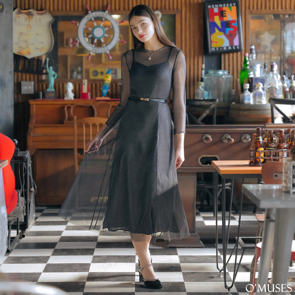 兩件式星紗黑色長洋裝60-L496