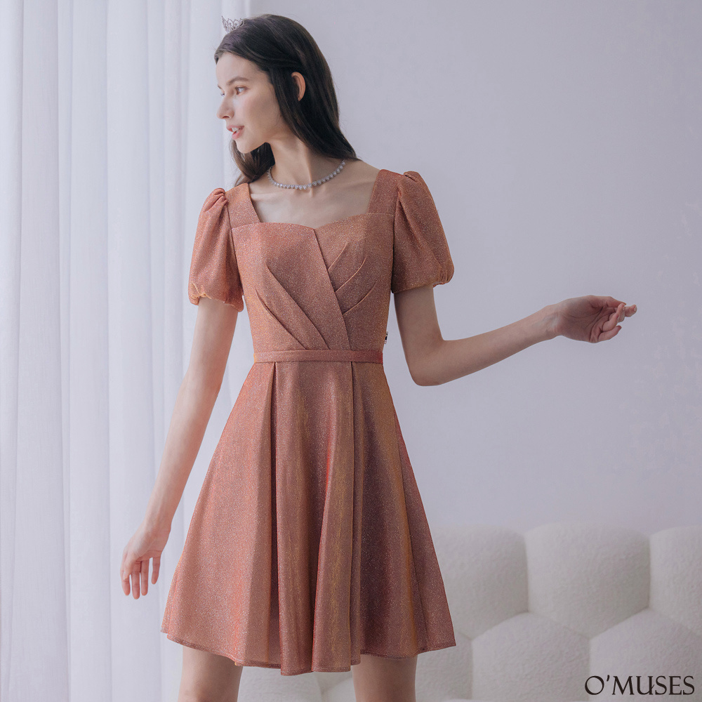 手工壓褶金蔥亮粉紅色短禮服18-F366