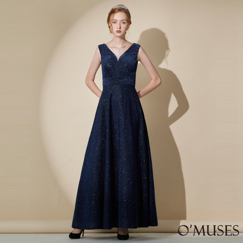 手工V領金蔥藍色長禮服19-A1928