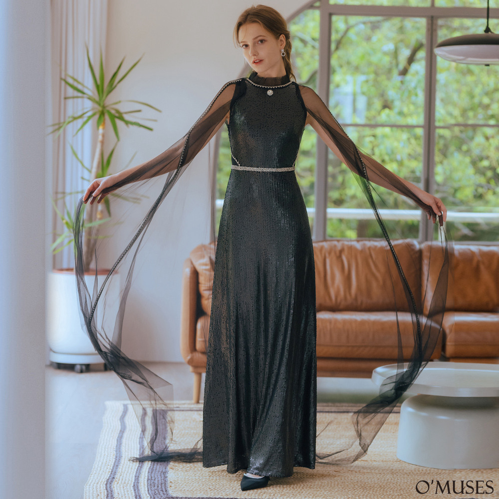 兩件式蕾絲亮片黑色長禮服19-7157