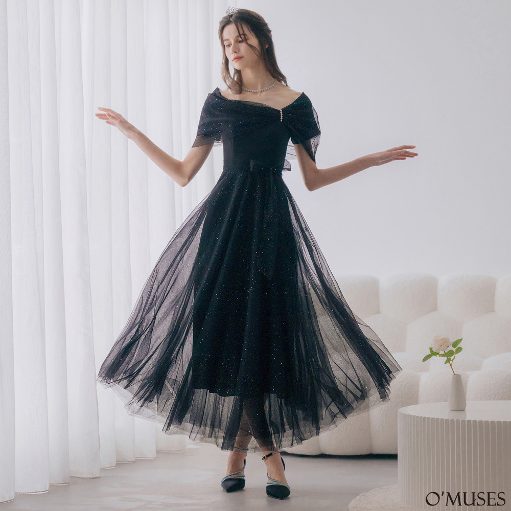 一字領星空網紗黑色長禮服29-22073-1