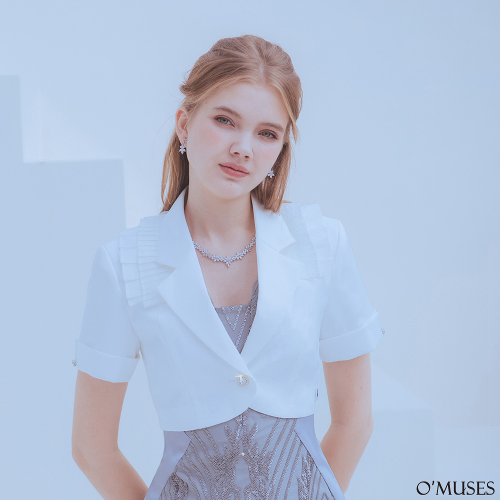 壓褶V領白色短版西裝外套11-29634-1