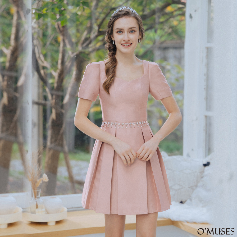 V領壓褶修身粉色短禮服18-30896