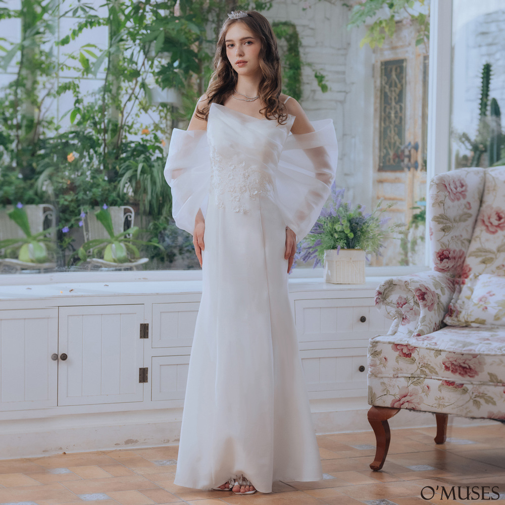 細肩帶蝴蝶結白色魚尾長禮服19-7503