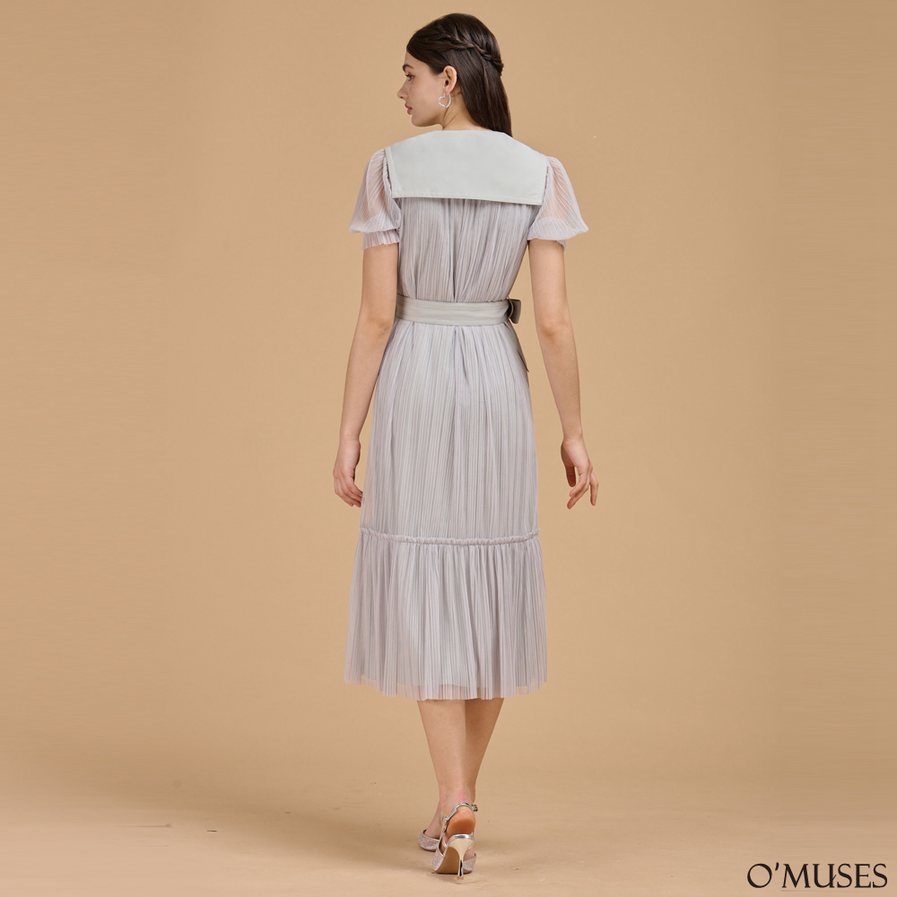 V領拼接紗裙灰色長洋裝60-32331