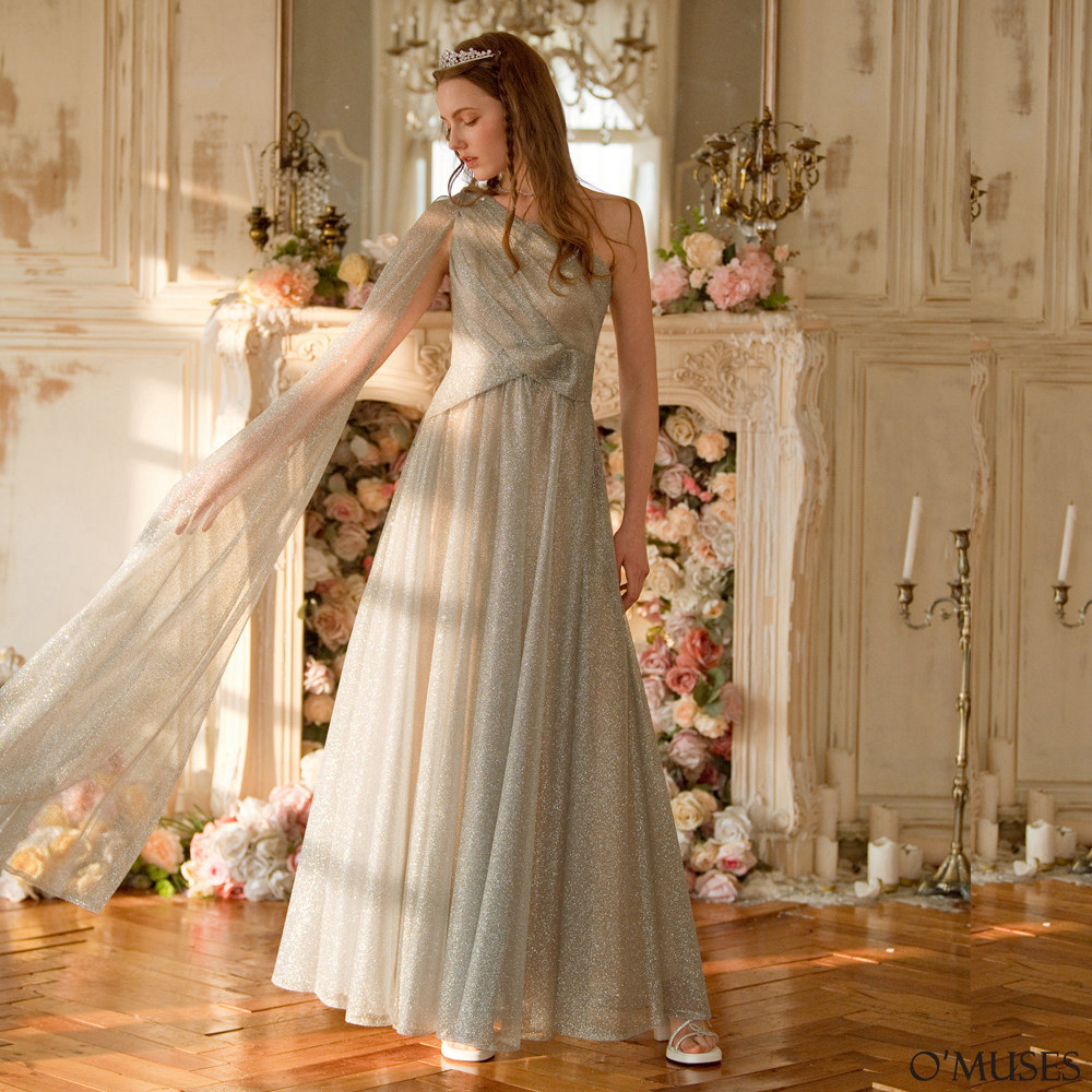 手工斜肩亮粉灰色長禮服19-7182