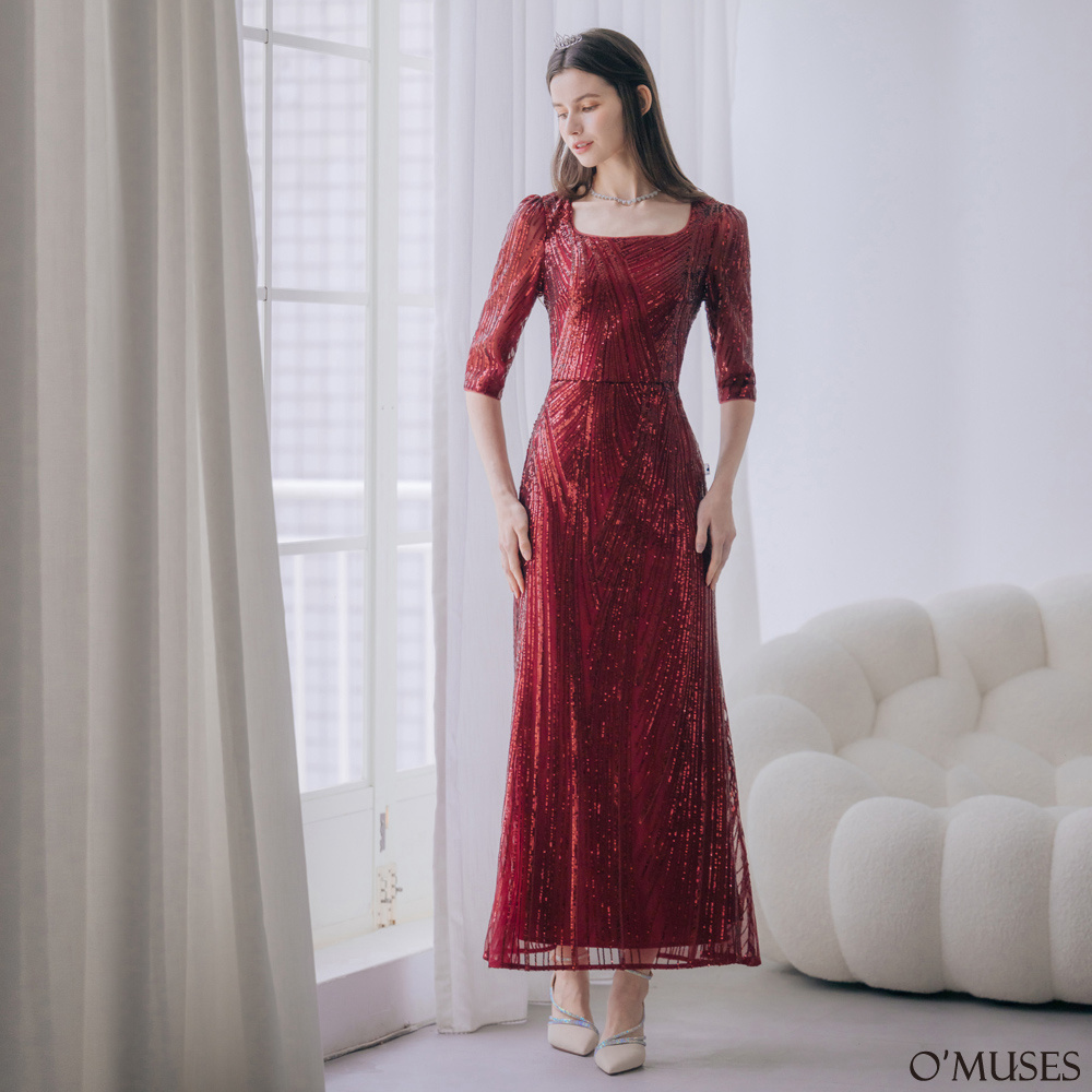 手工蕾絲亮片紅色魚尾長禮服29-30560-1