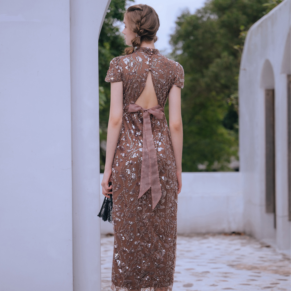 手工滿版縫珠亮片蕾絲美背長禮服29-22162