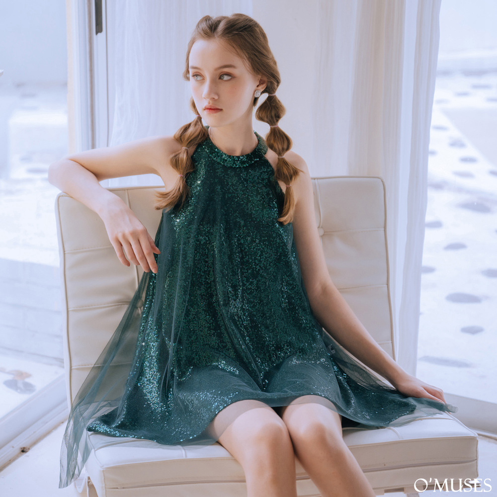 滿版亮片網紗綠色短禮服18-24320