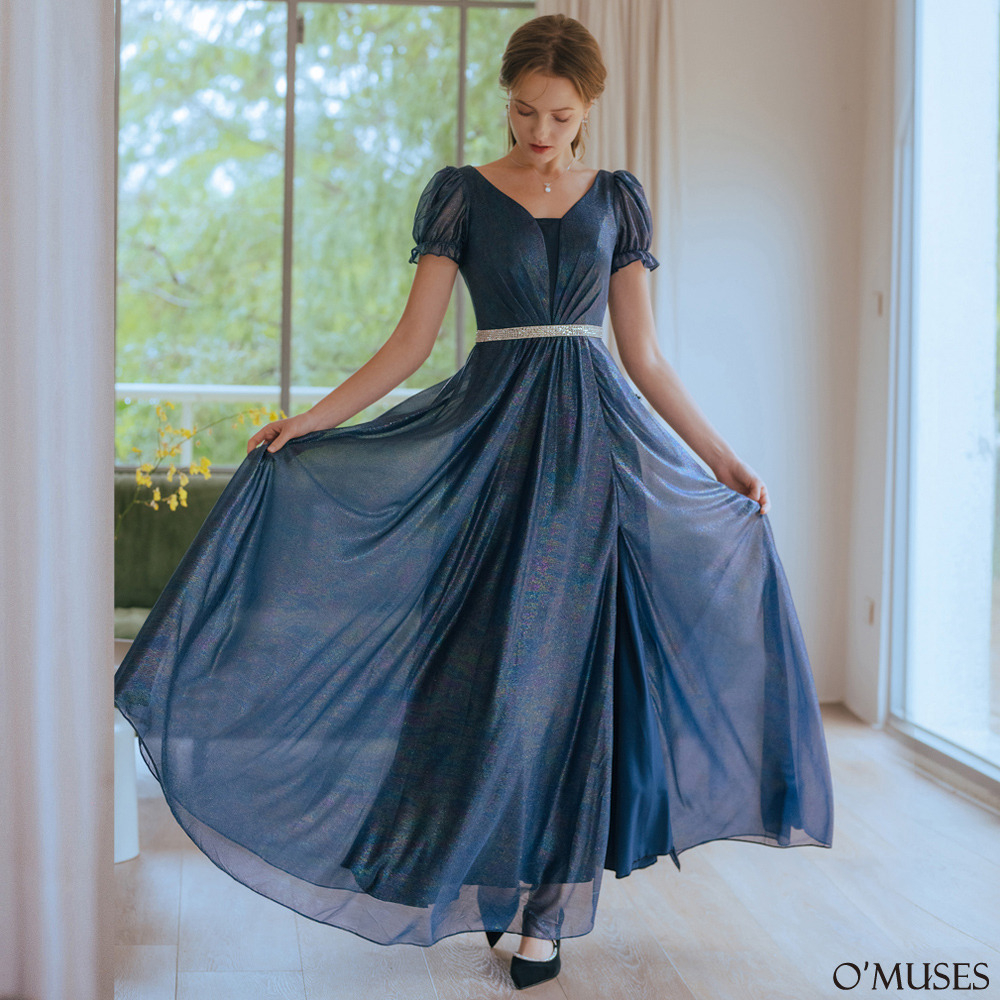 手工V領蕾絲排鑽藍色長禮服19-03