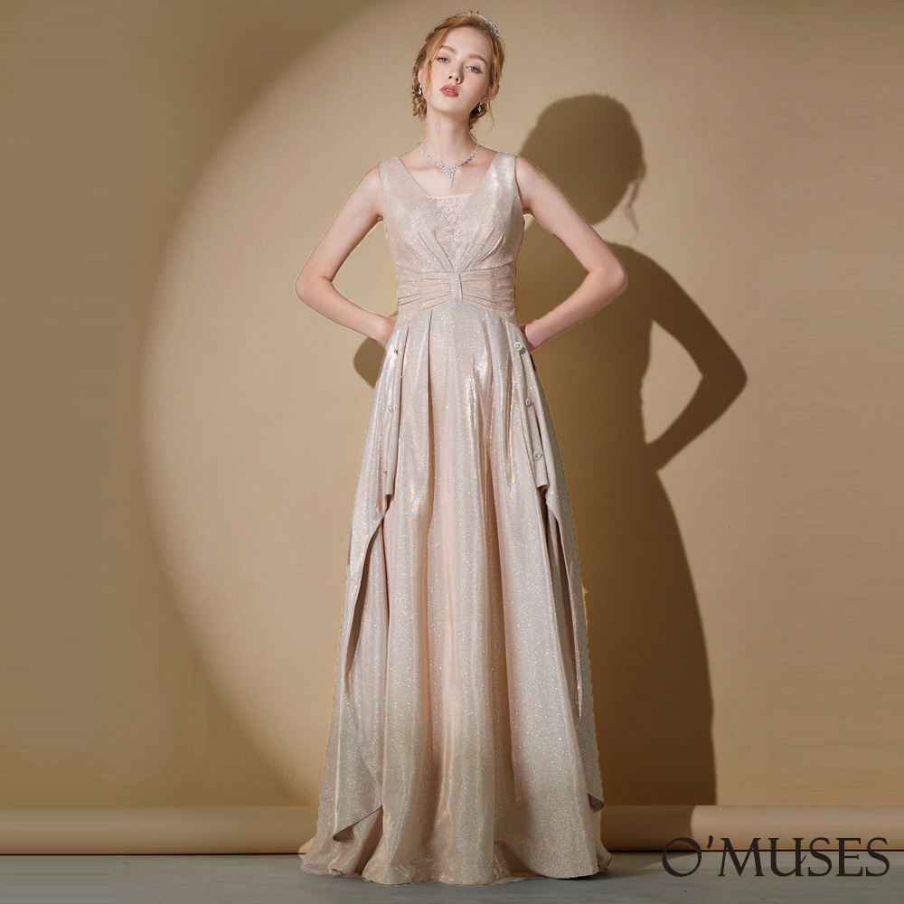 手工V領金蔥金色長禮服19-A2033