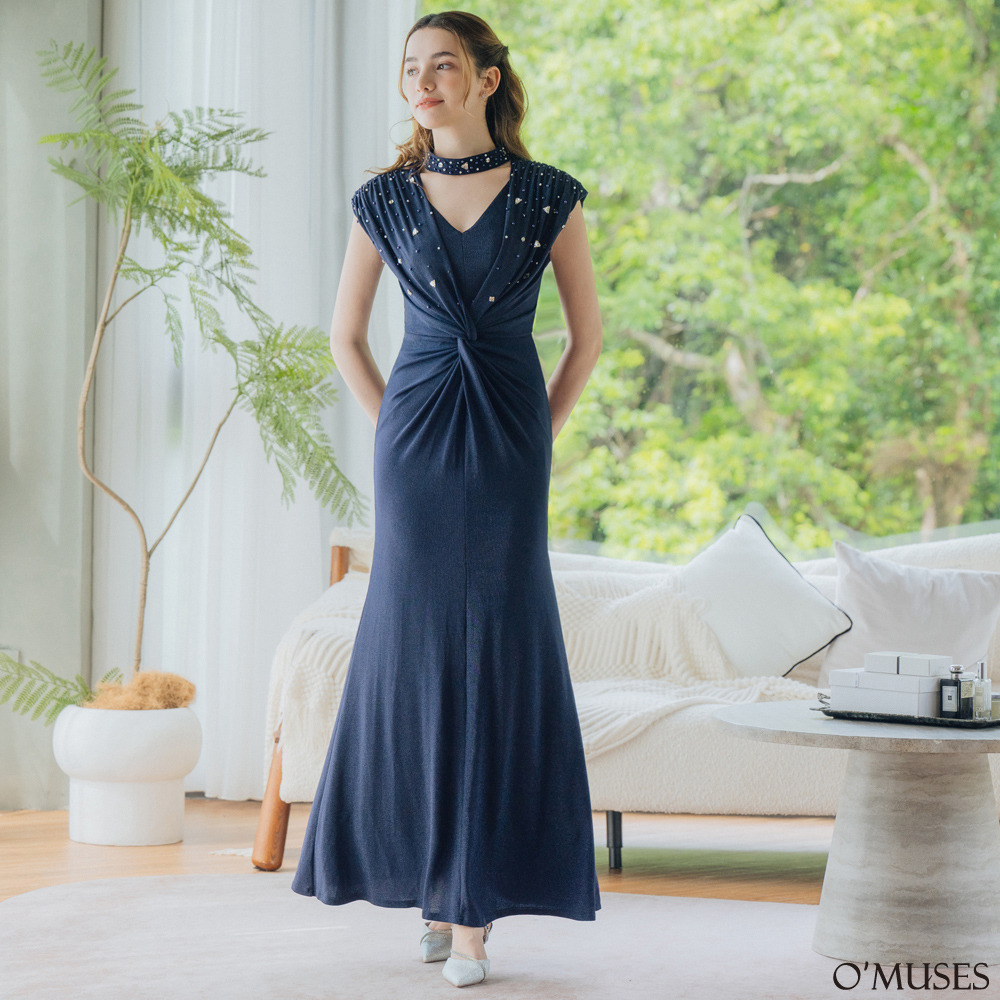 V領珍珠扭結藍色魚尾長禮服29-32610