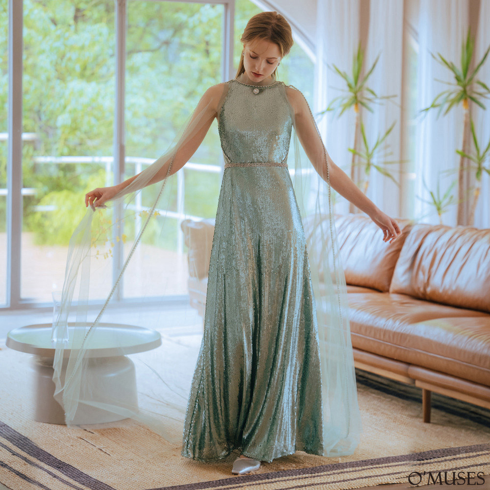 兩件式蕾絲亮片綠色長禮服19-7157