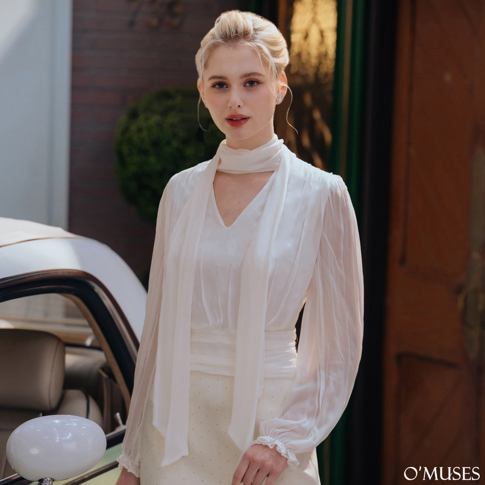 V領絲質白色仙女上衣12-32224-1