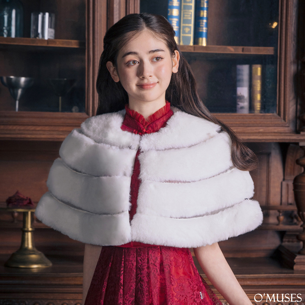 簍空絨毛米白色斗篷披肩11-7791