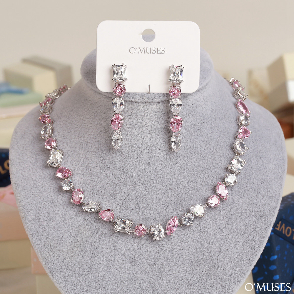 粉白撞色鋯石項鍊耳環手鍊套組21-633137
