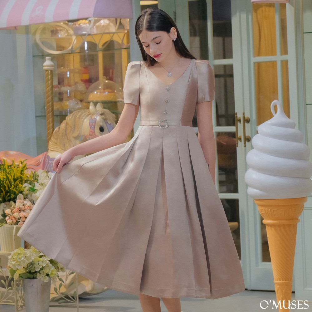 V領亮鑽輕奢杏色長禮服29-30897