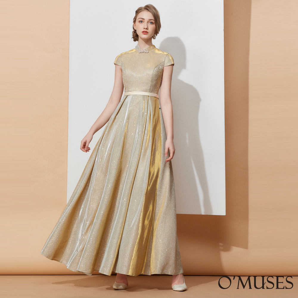 手工金蔥亮粉金色長禮服7-A2047