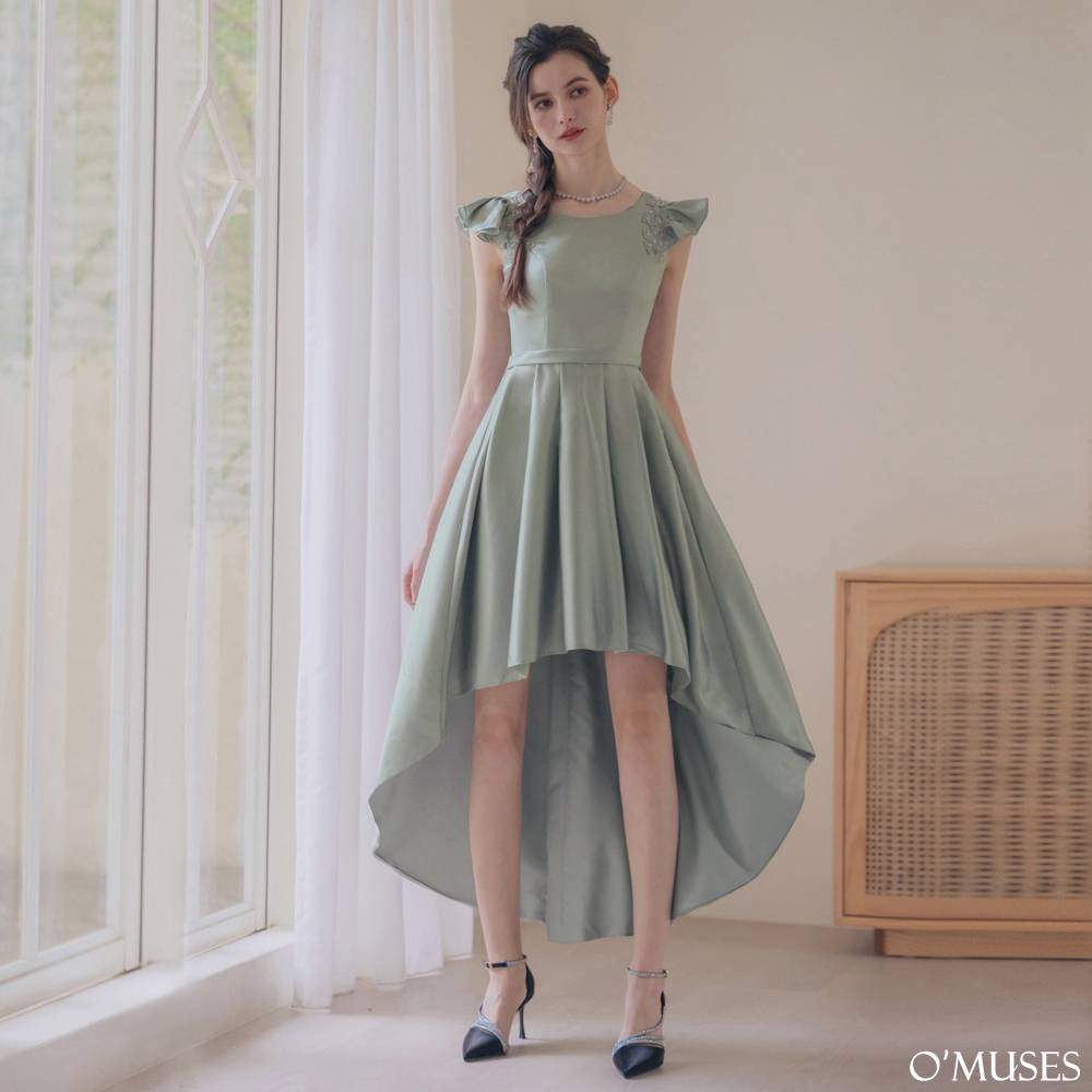 手工刺繡美背前短後長綠色禮服18-7574