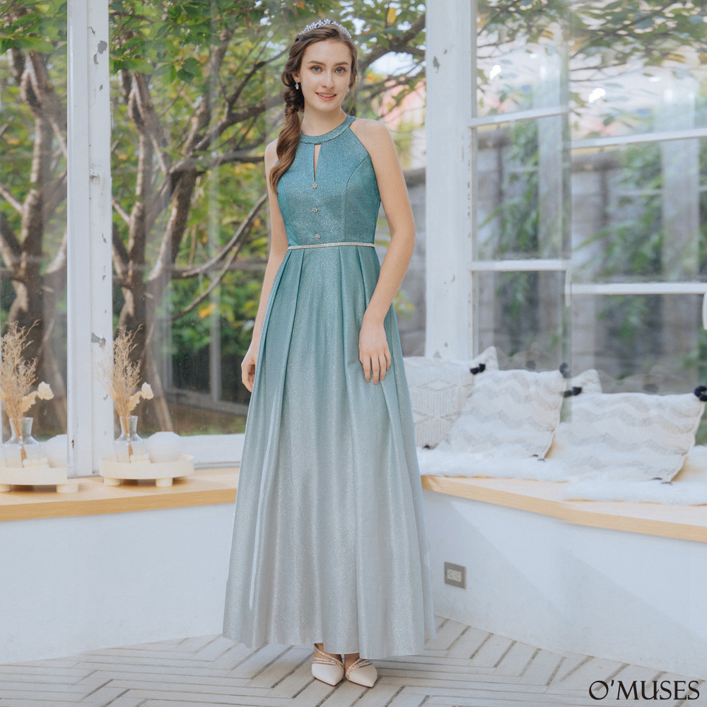 手工削肩金蔥漸層綠色長禮服19-24325