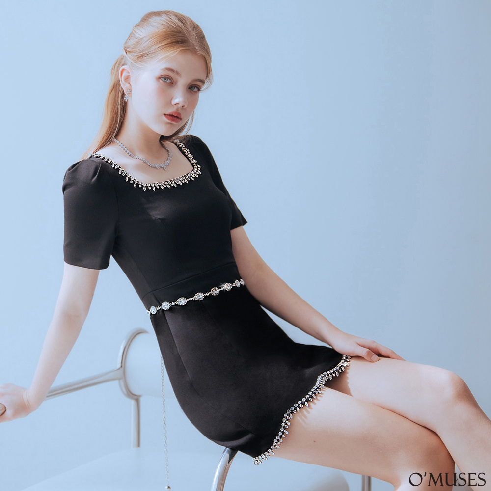 重工藝方領亮鑽黑色短洋裝禮服37-7351