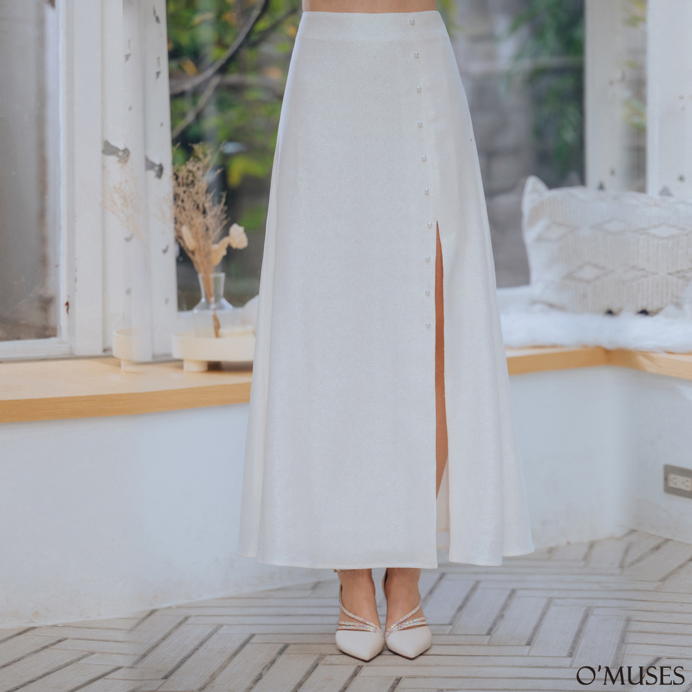 亮亮布珍珠開岔白色長裙13-22123