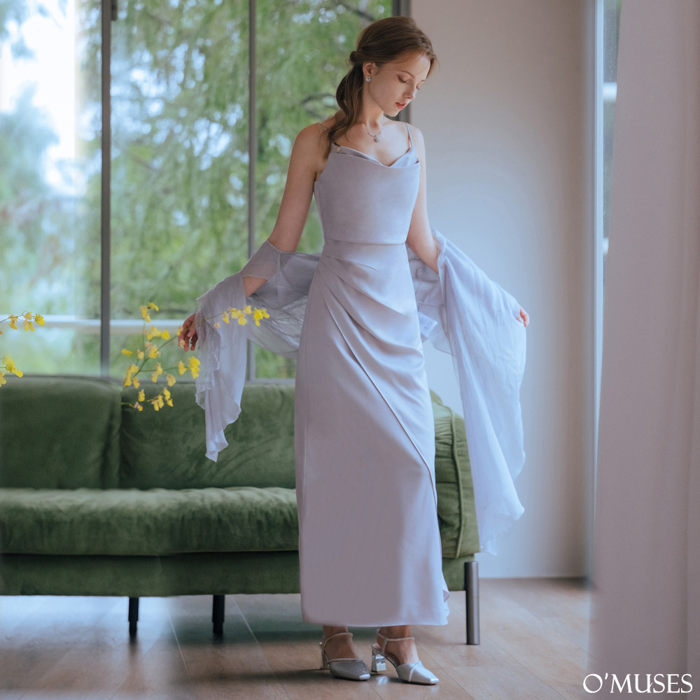 法式細肩帶灰色長禮服29-30870