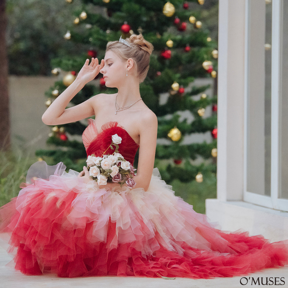 手工平口漸層前短後長紅色婚紗禮服19-7122