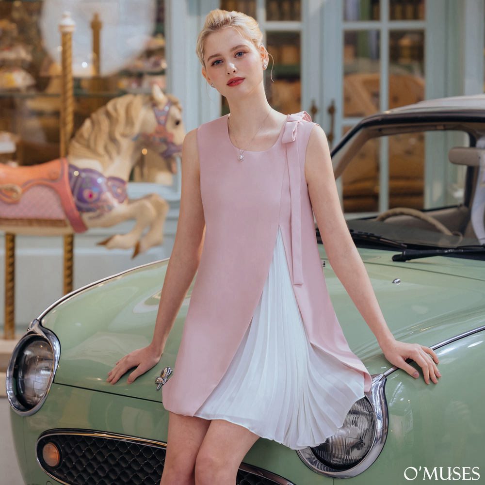 撞色百褶粉色短洋裝Y28-Y059