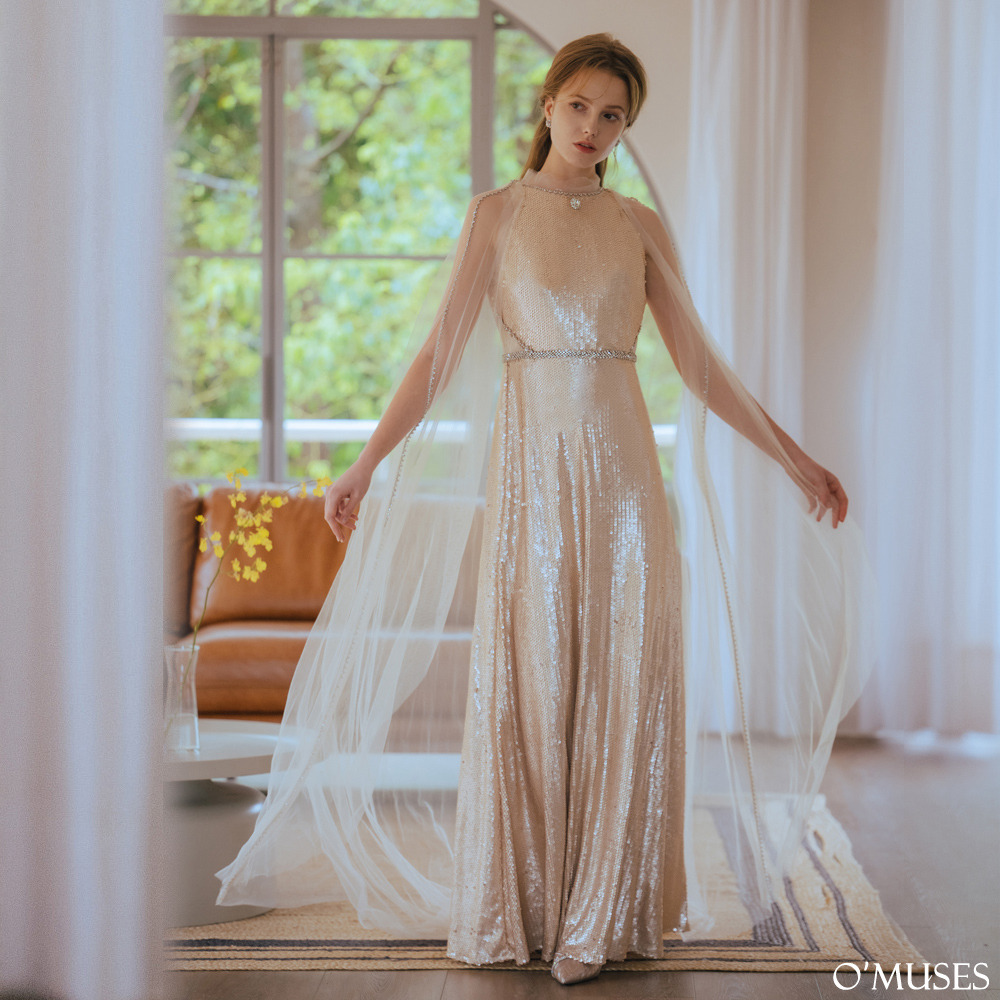 兩件式蕾絲亮片杏色長禮服19-7157