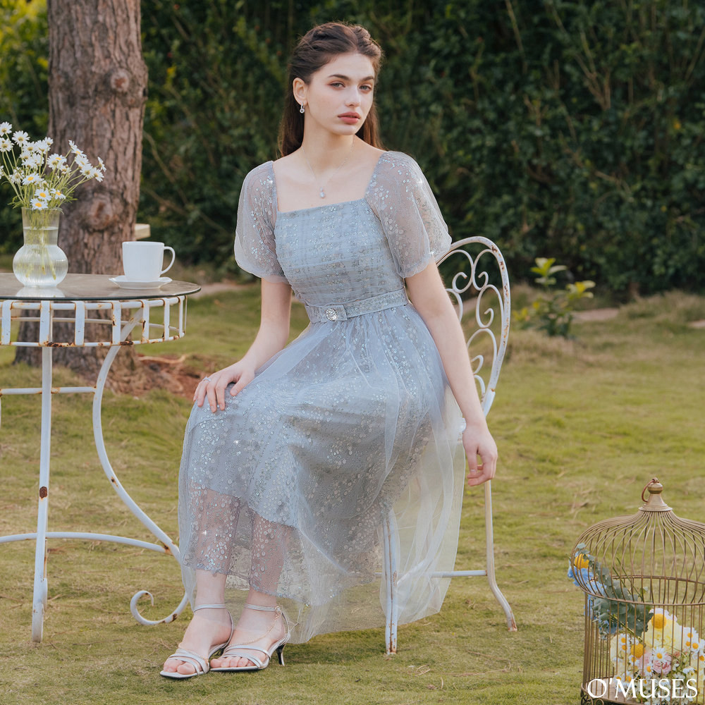 手工一字領亮片網紗灰色長禮服29-30447