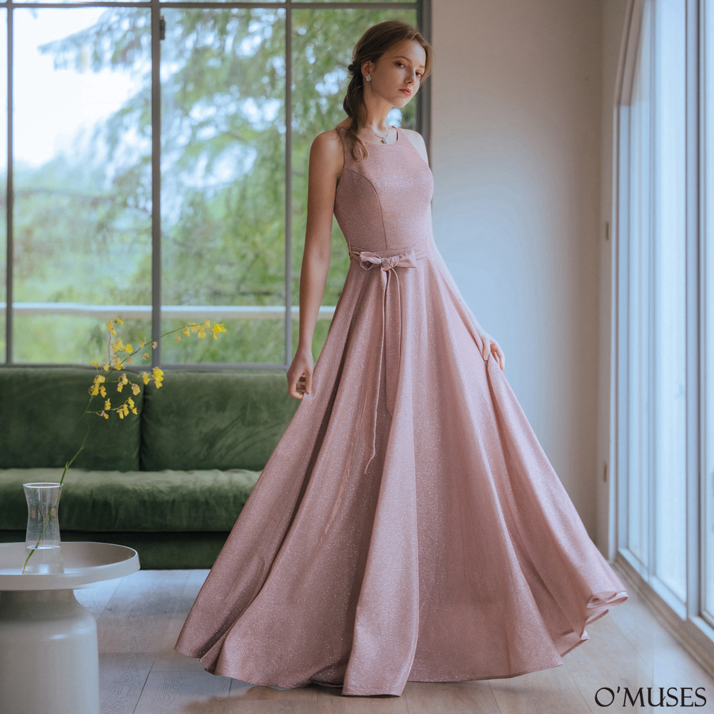 手工削肩金蔥亮粉杏粉色長禮服19-F33