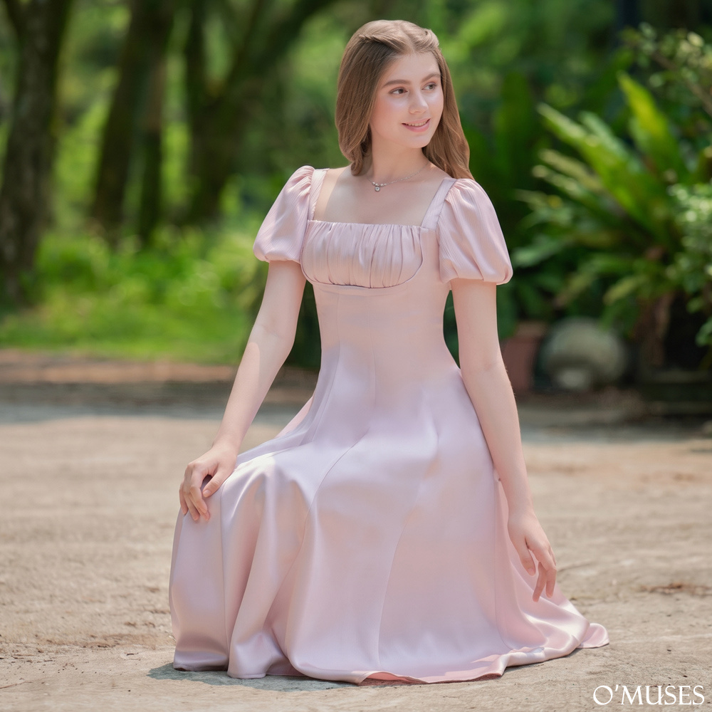 方領法式輕奢粉色長禮服29-31566