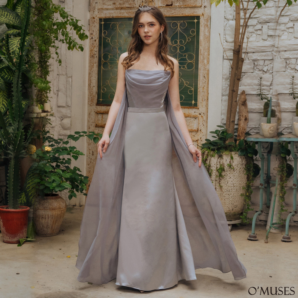 雪紡拼接灰色魚尾長禮服19-7511