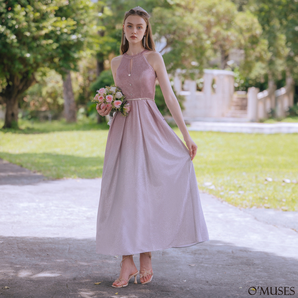 手工削肩金蔥漸層粉色長禮服19-24325