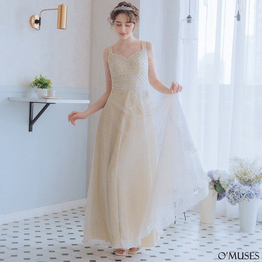 手工格紋網紗亮粉金色長禮服19-7154