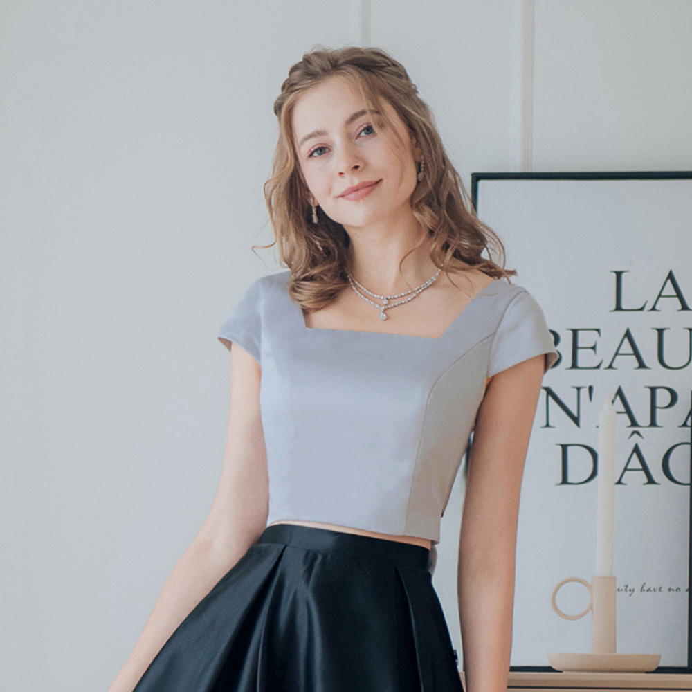 手工方領美背綁帶灰色上衣12-12204