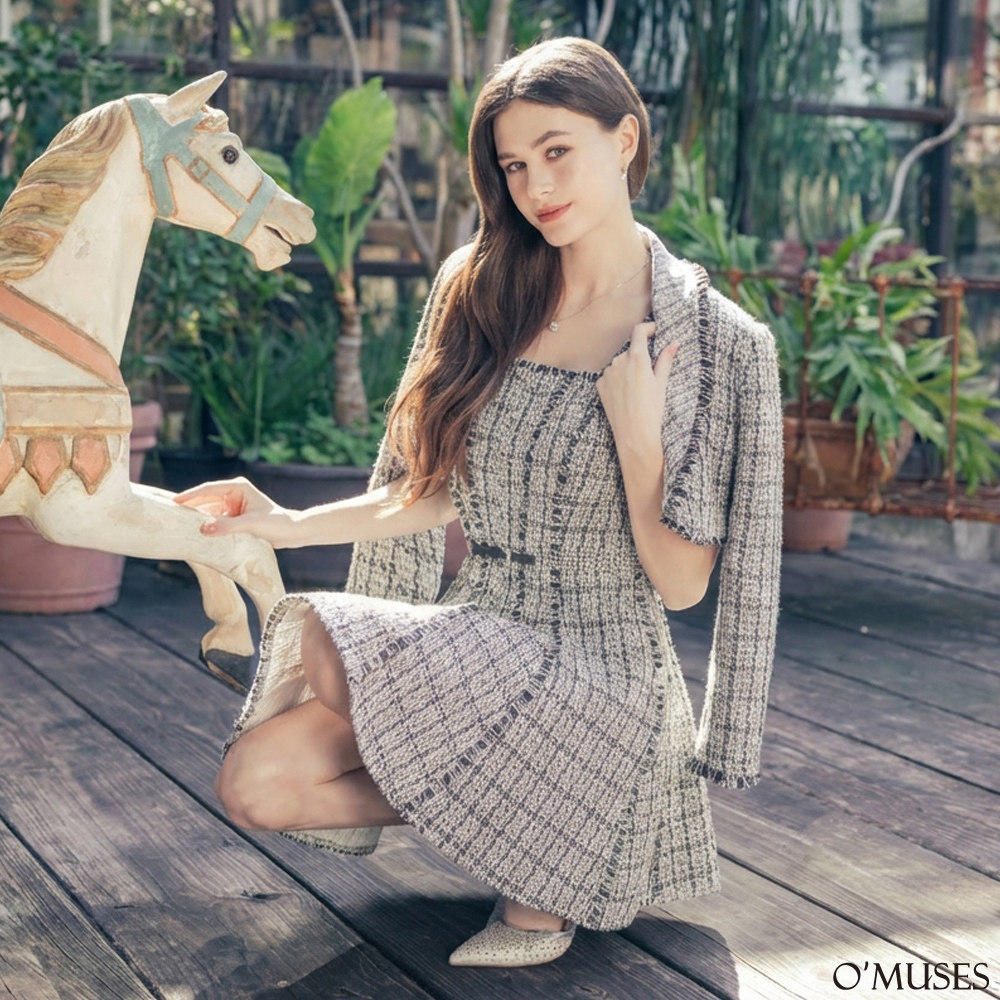 小香風毛呢格紋黑白短洋裝28-32827