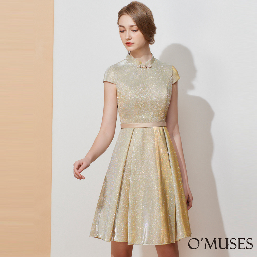 手工金蔥亮粉金色短禮服7-2047