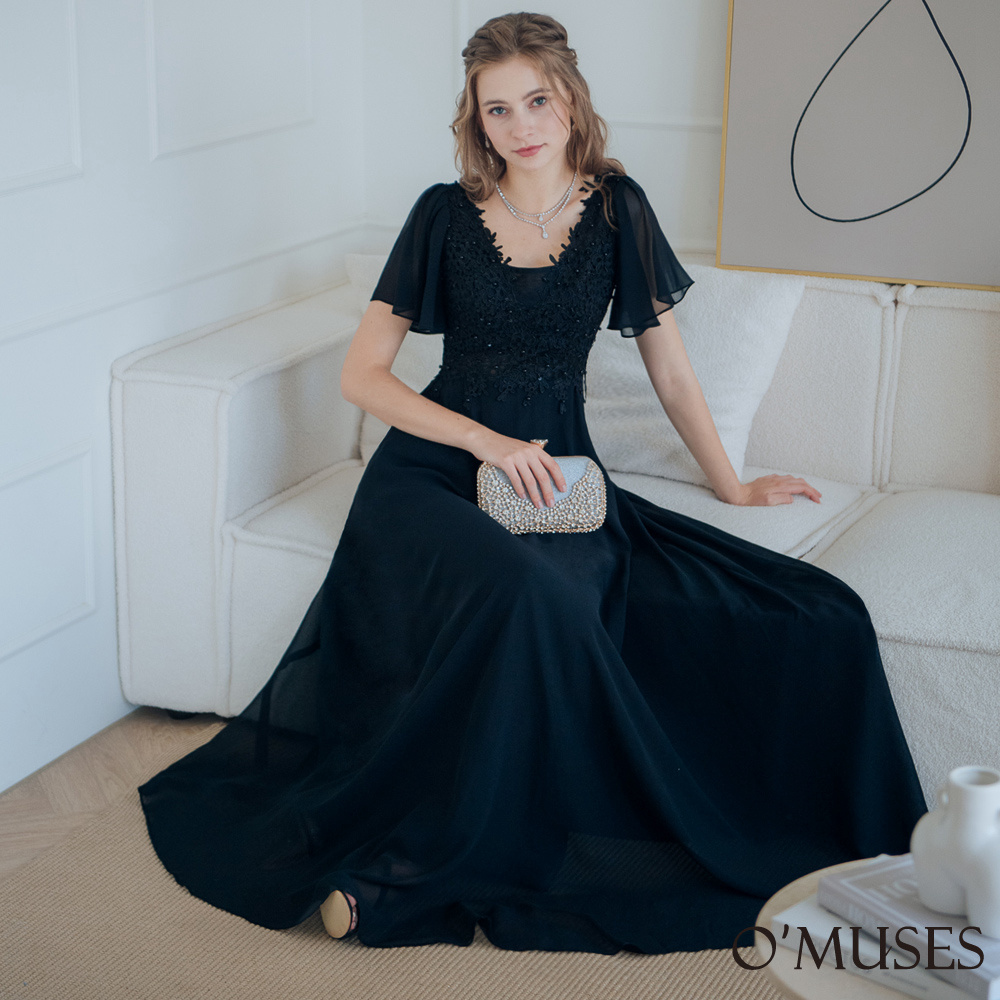 手工雪紡刺繡黑色長禮服19-3025