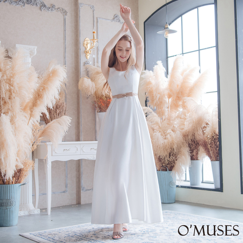 手工緞布伴娘白色長禮服19-1920