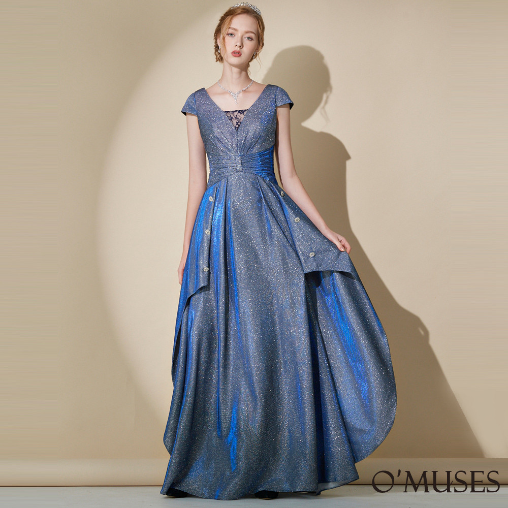 手工V領小包袖金蔥藍色長禮服 19-A2033+2