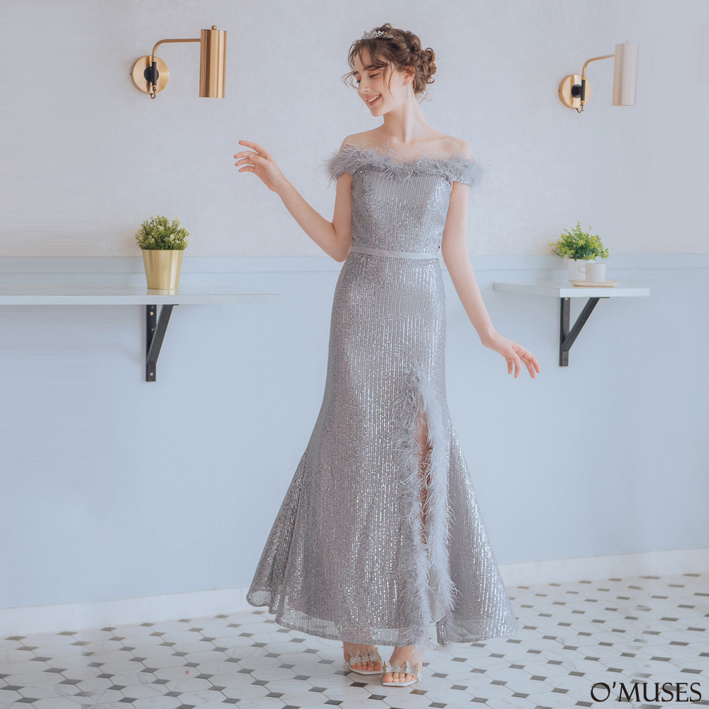 手工一字領亮片灰色長禮服19-108