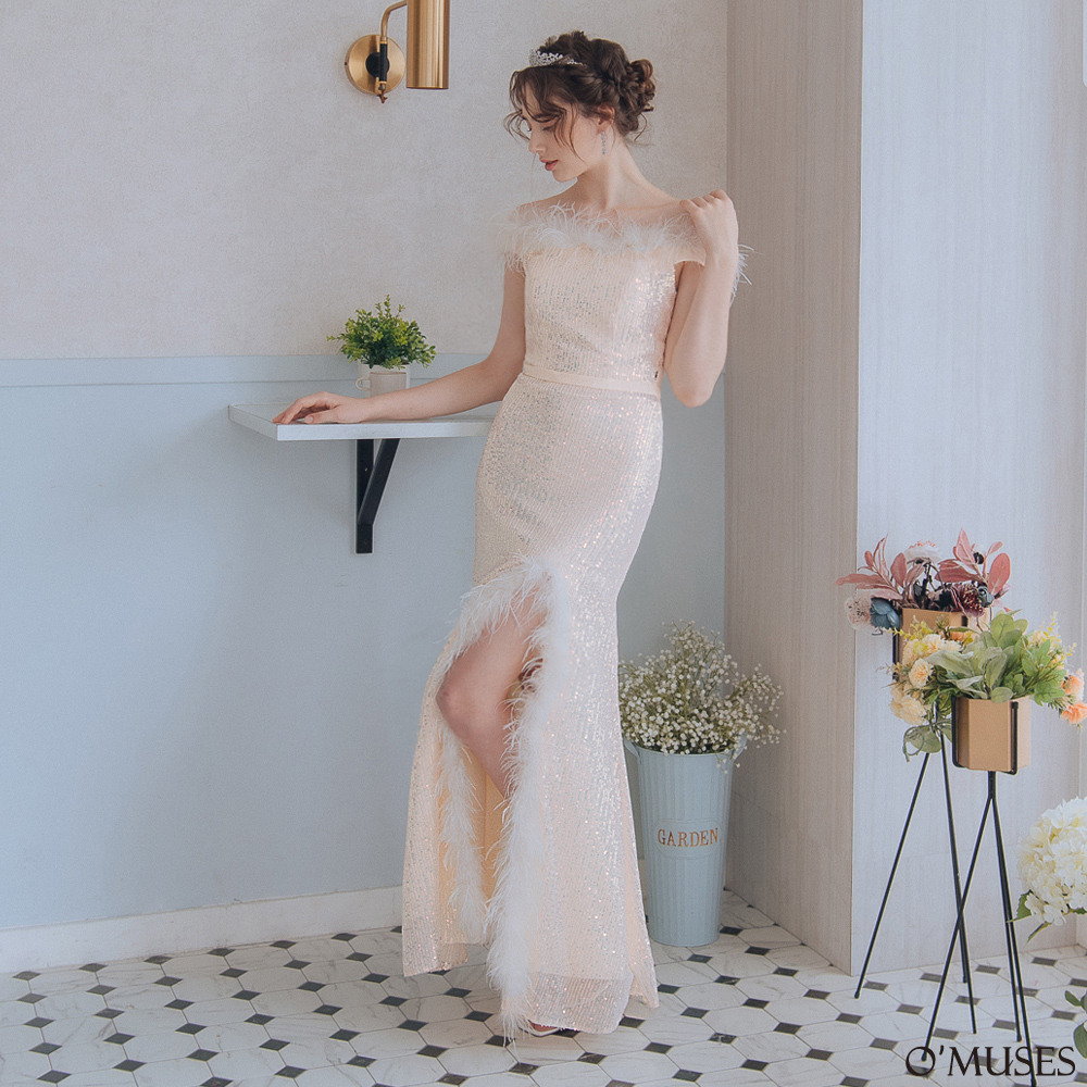 手工一字領亮片杏色長禮服19-108