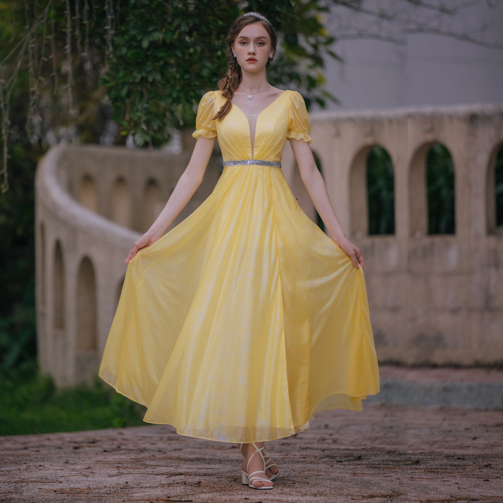 手工V領蕾絲排鑽黃色長禮服19-03