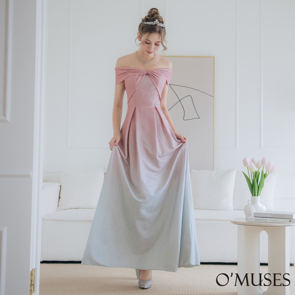 手工一字領金蔥漸層粉色長禮服19-F29