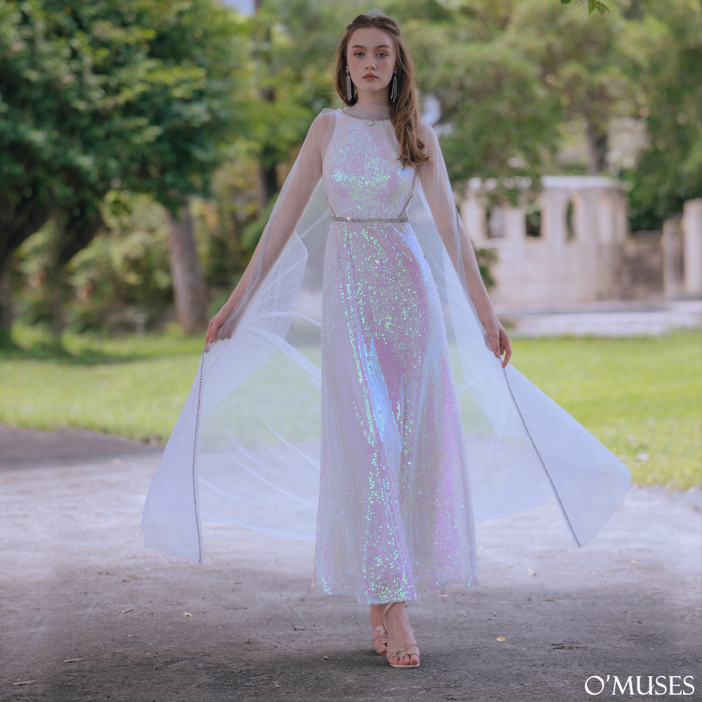 兩件式蕾絲亮片白色長禮服19-7157